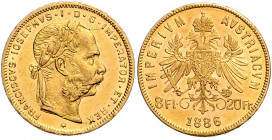 HAUS HABSBURG, Franz Joseph I., 1848-1916, 8 Florins (= 20 Francs) 1886.
Ware ist MwSt-befreit
VAT tax free
GOLD, Prachtex., kl.Rdf., Erstabschlag/...