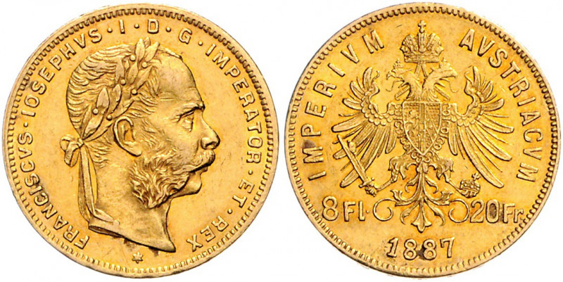 HAUS HABSBURG, Franz Joseph I., 1848-1916, 8 Florins (= 20 Francs) 1887.
Ware i...