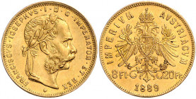 HAUS HABSBURG, Franz Joseph I., 1848-1916, 8 Florins (= 20 Francs) 1889.
Ware ist MwSt-befreit
VAT tax free
GOLD, vz
Frbg.502