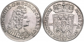 BRANDENBURG-PREUSSEN, Friedrich III., 1688-1701, Gulden =2/3 Taler 1693 ICS, Magdeburg. Büste mit langer Perücke r. Rs.Bekröntes Wappen. 17,43g.
f.vz...