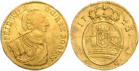 BRANDENBURG-PREUSSEN, Friedrich Wilhelm I. der Soldatenkönig, 1713-1740, Dukat 1722 CG, Königsberg. 3,43g.
GOLD, kl.Rdf., ss
Frbg.2348; v.Schr.119