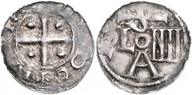KÖLN, KÖNIGLICHE MÜNZSTÄTTE, Otto I. bis Otto III., 936-1002, Denar o.J. Kreuz, i.d. Winkeln je ein Punkt. Rs.COLONII/A. 1,41g.
ss
Häv.67ff.
