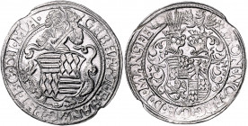 MANSFELD, HINTERORTLINIE SCHRAPLAU, Gebhard VII., Joh.Georg I. und Peter Ernst, 1547-1558, Taler 1552. Wappen, dahinter Hl.Georg mit Drachen. Rs.Zweif...