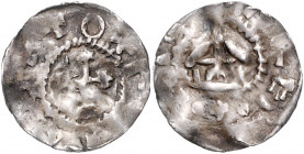 STRASSBURG, KÖNIGLICHE MÜNZSTÄTTE, Otto III., 983-1002, Denar o.J. Kreuz. Rs.Kirche. 0,80g.
prägeschw., ss
Dbg.910