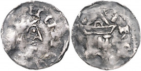 STRASSBURG, KÖNIGLICHE MÜNZSTÄTTE, Heinrich II., 1002-1024, Denar o.J. Büste r. Rs.Kirche. 1,28g.
prägeschw., kl.Kr., s-ss
Dbg.916