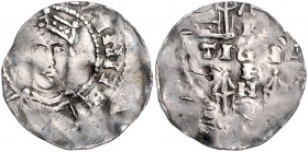 STRASSBURG, KÖNIGLICHE MÜNZSTÄTTE, Heinrich II., 1002-1024, Denar o.J. Gekrönte Büste v.vorn. Rs.ARGEN-TINA kreuzförmig zwischen Kirchengebäuden. 1,52...