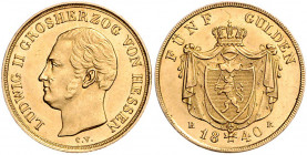 HESSEN-DARMSTADT, Ludwig II., 1830-1848, 5 Gulden 1840 HR. 3,36g.
GOLD, min.Rdf., kl.Kr., vz-st/f.st
AKS 98; J.62; Frbg.1232