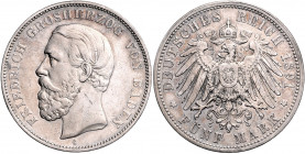 BADEN, Friedrich I., 1856-1907, 5 Mark 1891 G. Ohne Querstrich im A.
ss-vz
J.29F