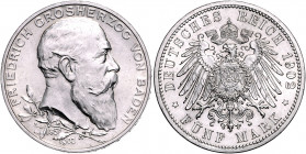 BADEN, Friedrich I., 1856-1907, 5 Mark 1902 G. 50jähr. Reg.-Jub.
vz+
J.31