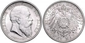 BADEN, Friedrich I., 1856-1907, 2 Mark 1907 G. Sein Tod.
kl.Kr., vz-st
J.36