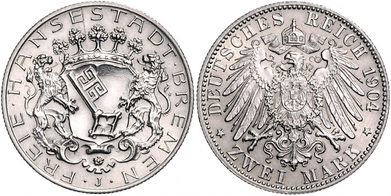 BREMEN, Freie Hansestadt, 2 Mark 1904 J.
schöne Patina, vz+
J.59