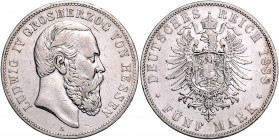 HESSEN, Ludwig IV., 1877-1892, 5 Mark 1888 A.
kl.Kr., ss/ss-vz
J.69