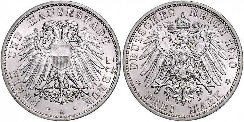 LÜBECK, Freie und Hansestadt, 3 Mark 1910 A.
vz
J.82