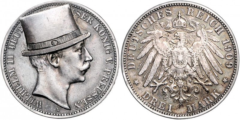 PREUSSEN, Wilhelm II., 1888-1918, 3 Mark 1909 A. Mit aufgelötetem Zylinder.
ss...