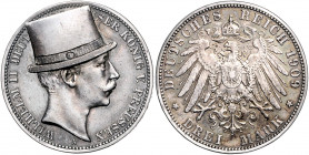 PREUSSEN, Wilhelm II., 1888-1918, 3 Mark 1909 A. Mit aufgelötetem Zylinder.
ss
J.103