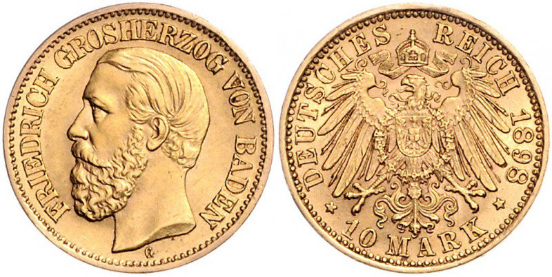 BADEN, Friedrich I., 1852-1907, 10 Mark 1898 G.
vz-st
J.188
