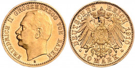 BADEN, Friedrich II., 1907-1918, 10 Mark 1910 G.
l.berührte PP
J.191