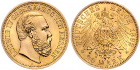 HESSEN, Ludwig IV., 1877-1892, 20 Mark 1892 A.
Prachtex., kleinste Berührungen, f.st
J.221