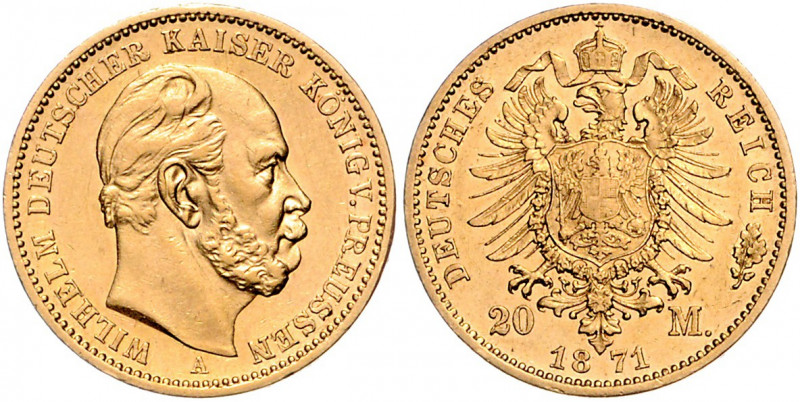 PREUSSEN, Wilhelm I., 1861-1888, 20 Mark 1871 A. Die erste Reichsgoldmünze.
vz-...
