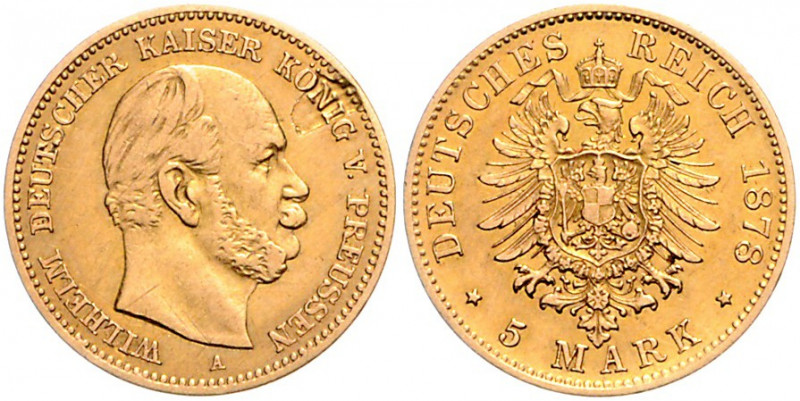 PREUSSEN, Wilhelm I., 1861-1888, 5 Mark 1878 A.
Vs.Sf., kl.Kr., ss
J.244
