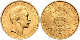 PREUSSEN, Wilhelm II., 1888-1918, 20 Mark 1908 A.
vz
J.252