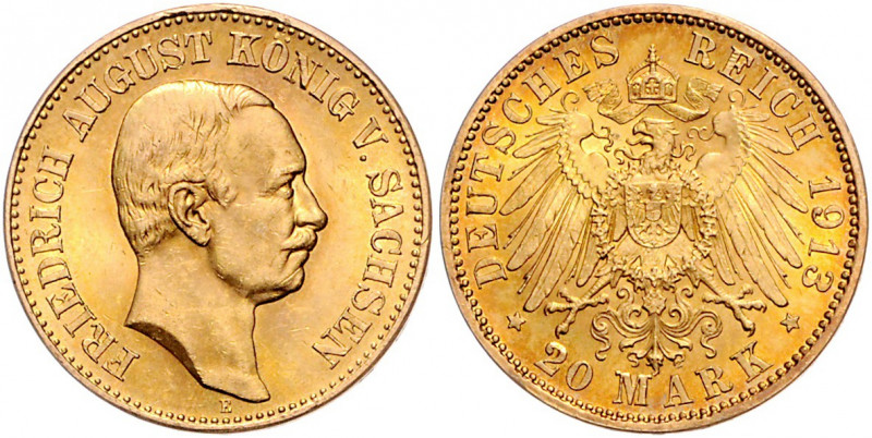 SACHSEN, Friedrich August III., 1904-1918, 20 Mark 1913 E.
feine Goldpatina, f....