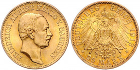 SACHSEN, Friedrich August III., 1904-1918, 20 Mark 1913 E.
feine Goldpatina, f.st
J.268