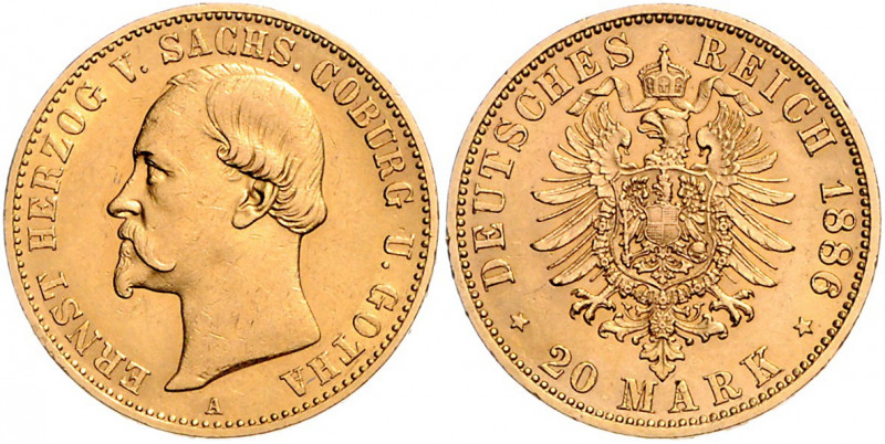 SACHSEN-COBURG-GOTHA, Ernst II., 1844-1893, 20 Mark 1886 A.
winz.Kr., vz
J.271