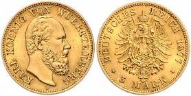 WÜRTTEMBERG, Karl, 1864-1891, 5 Mark 1877 F.
vz-st
J.291