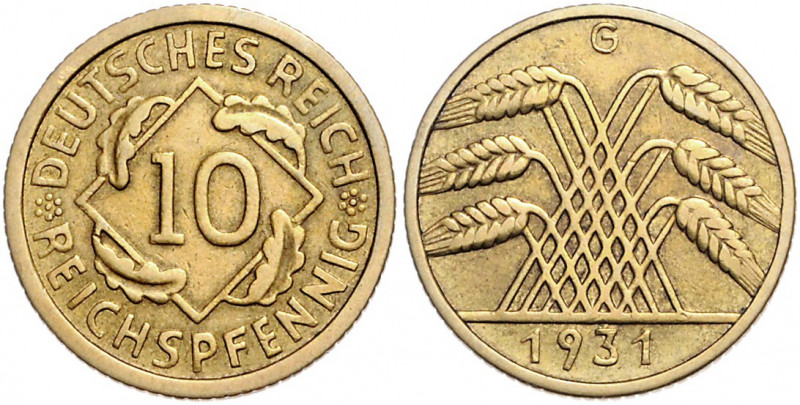 WEIMARER REPUBLIK, 1919-1933, 10 Reichspfennig 1931 G.
selten, f.vz
J.317