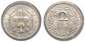 WEIMARER REPUBLIK, 1919-1933, 2 Reichsmark 1927 D. Aufl.466.469 Ex. Seltenste Münze dieser Serie in aussergewöhnlicher Qualität.
Prachtex., sehr selt...