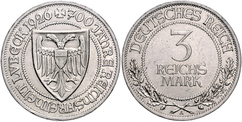WEIMARER REPUBLIK, 1919-1933, 3 Reichsmark 1926 A. Lübeck.
zaponiert, ss-vz
J....