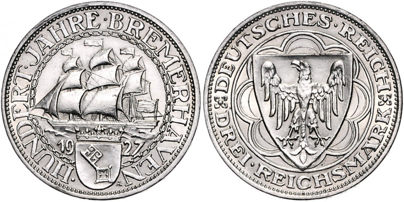 WEIMARER REPUBLIK, 1919-1933, 3 Reichsmark 1927 A. Bremerhaven.
zaponiert, vz
...