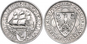 WEIMARER REPUBLIK, 1919-1933, 3 Reichsmark 1927 A. Bremerhaven.
zaponiert, vz
J.325