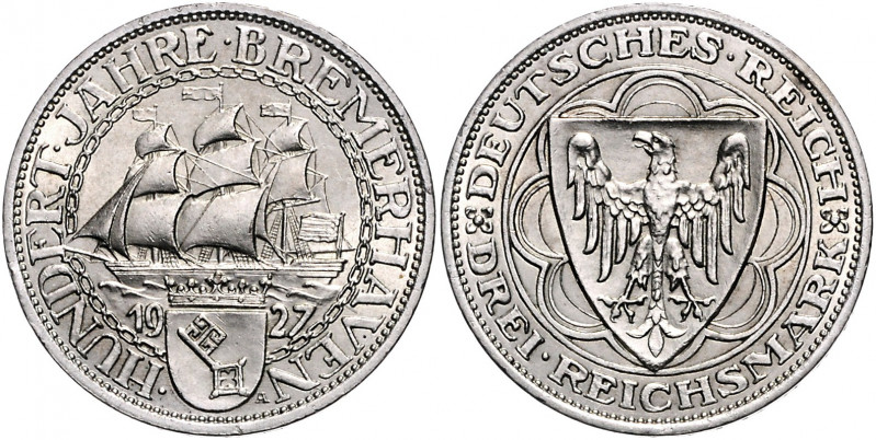 WEIMARER REPUBLIK, 1919-1933, 3 Reichsmark 1927 A. Bremerhaven.
kl.Rdf., vz+
J...