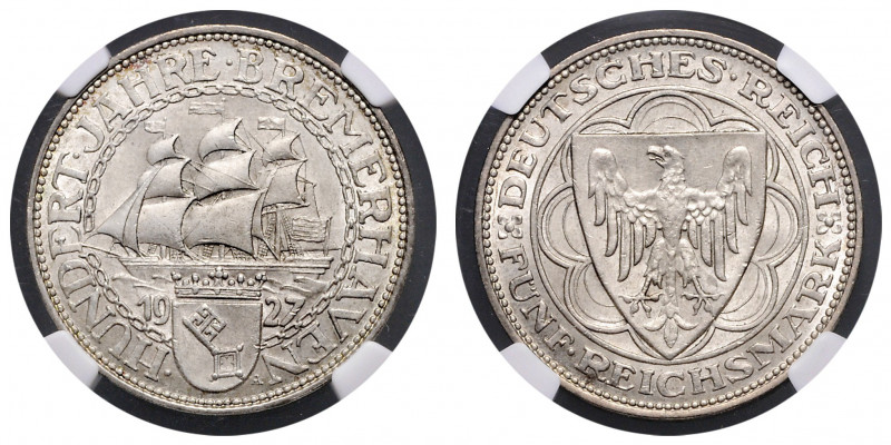WEIMARER REPUBLIK, 1919-1933, 5 Reichsmark 1927 A. Bremerhaven.
NGC MS 63
J.32...