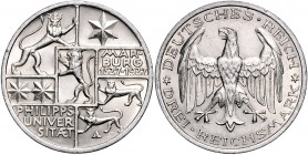 WEIMARER REPUBLIK, 1919-1933, 3 Reichsmark 1927 A. Marburg.
zaponiert, vz
J.330