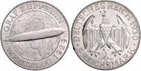 WEIMARER REPUBLIK, 1919-1933, 5 Reichsmark 1930 D. Zeppelin.
zaponiert, kl.Rdf., vz
J.343
