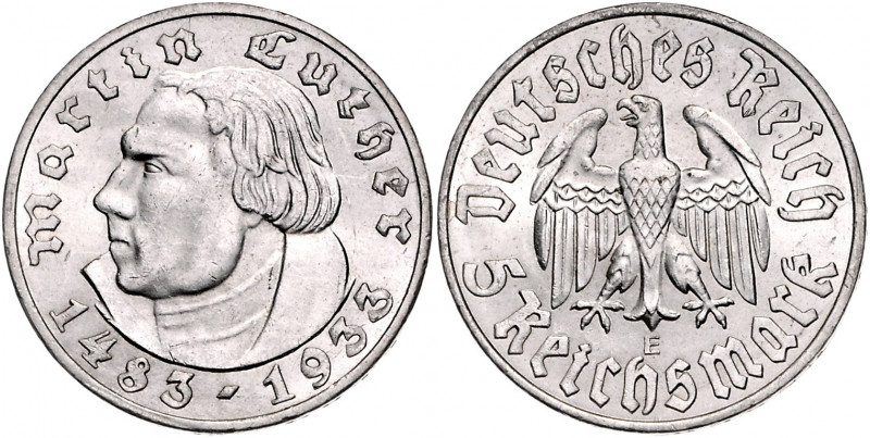 DRITTES REICH, 1933-1945, 5 Reichsmark 1933 E. Luther.
st
J.353
