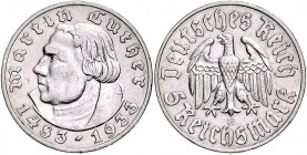 DRITTES REICH, 1933-1945, 5 Reichsmark 1933 E. Luther.
zaponiert, kl.Kr., ss+
J.353