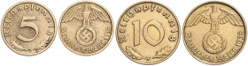 DRITTES REICH, 1933-1945, 10 Reichspfennig 1936 E, 5 Reichspfennig 1936 G.
2 Stk., beide selten, ss+
J.363f.