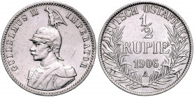 KOLONIEN, Deutsch-Ostafrika, 1/2 Rupie 1906 A.
zaponiert, seltener Jahrgang, kl.Kr., ss-vz
J.721