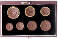 STAATLICHE NOTMÜNZEN, Sachsen, Satz 20 Pfennig bis 20 Mark 1920.
7 Stk., Orig.-Etui (kl.Klebest.), vz
J.N53-59
