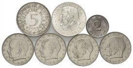 BUNDESREPUBLIK DEUTSCHLAND, 5 DM 1964 J, Fichte (zaponiert,st); 2 Mark 1959 D(2), F(2)(alle zaponiert,vz); 2 Pfennig 1966 D (vz, silbriger nicht magne...