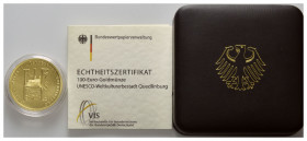 BUNDESREPUBLIK DEUTSCHLAND, 100 Euro 2003 G. Quedlinburg.
Ware ist MwSt-befreit
VAT tax free
GOLD, st
D.SG.100.2