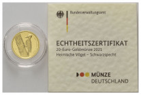 BUNDESREPUBLIK DEUTSCHLAND, 20 Euro 2021 J. Schwarzspecht.
Ware ist MwSt-befreit
VAT tax free
GOLD, st