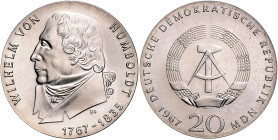 DEUTSCHE DEMOKRATISCHE REPUBLIK, 1949-1991, 20 Mark 1967. Wilhelm von Humboldt. Silberprobe mit neuer Randschrift 20 Mark.
st
J.1520F