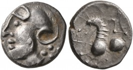 CELTIC, Central Gaul. Aedui. Circa 80-50 BC. Quinarius (Silver, 12 mm, 1.56 g, 6 h). Helmeted head to left. Rev. Celticized horse springing left; abov...