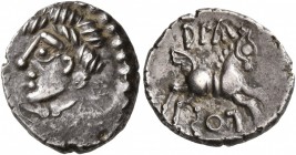 CELTIC, Central Gaul. Aedui. Circa 80-50 BC. Quinarius (Silver, 15 mm, 2.01 g, 3 h), Diasullos. Celticized male head to left. Rev. DIA-[SVL]-LOS Horse...