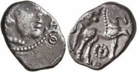 CELTIC, Central Gaul. Lemovices. Circa 100-50 BC. Quinarius (Silver, 15 mm, 1.88 g, 12 h). Male head to right. Rev. Horse prancing to right; above, he...